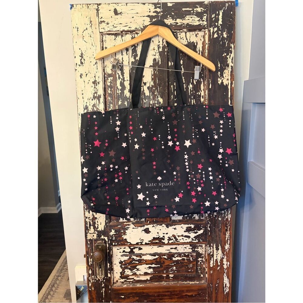 kate spade Black canvas shopper Tote with Pink & White Star Print. NWOT